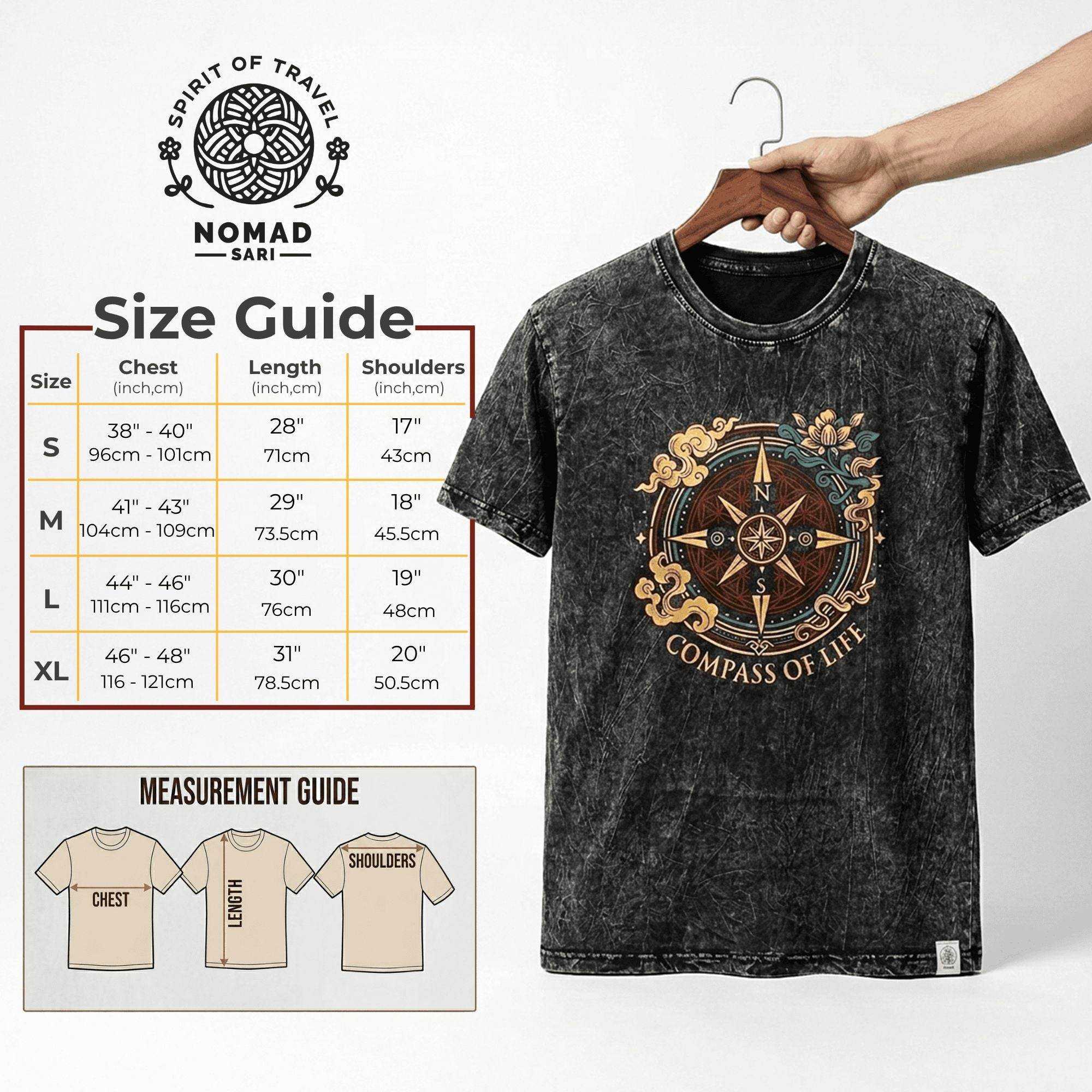Nomad Sari Stonewashed Cotton Tee | Compass of Life | Charcoal | Large