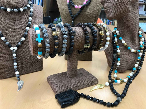 Artisan Gemstone Bracelet | Pewter Skull & Grey Agate