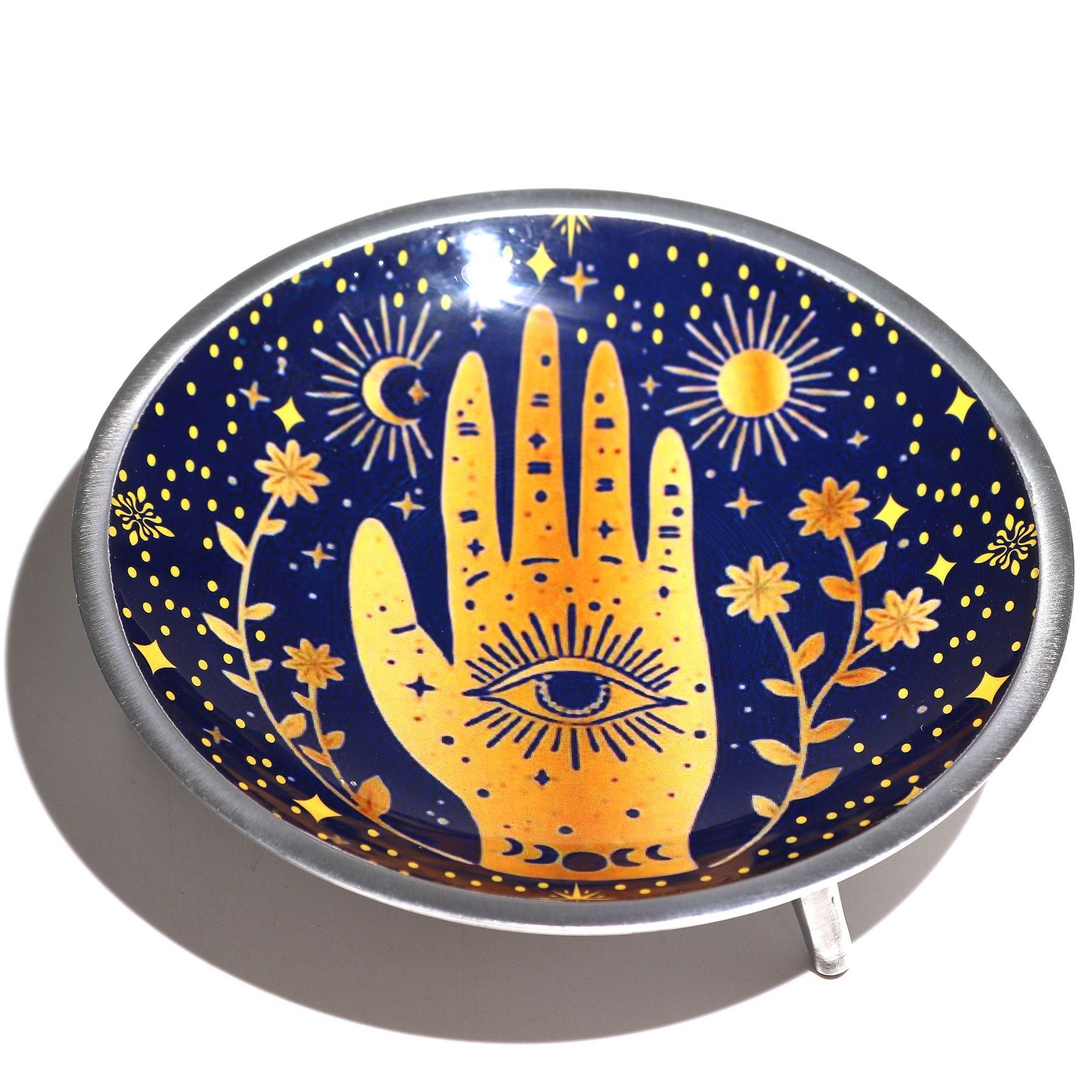Triple Leg Enamelled Offering Plate - Hamsa Midnight Blue