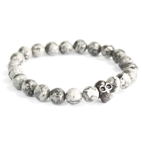 Artisan Gemstone Bracelet | Pewter Skull & Grey Agate