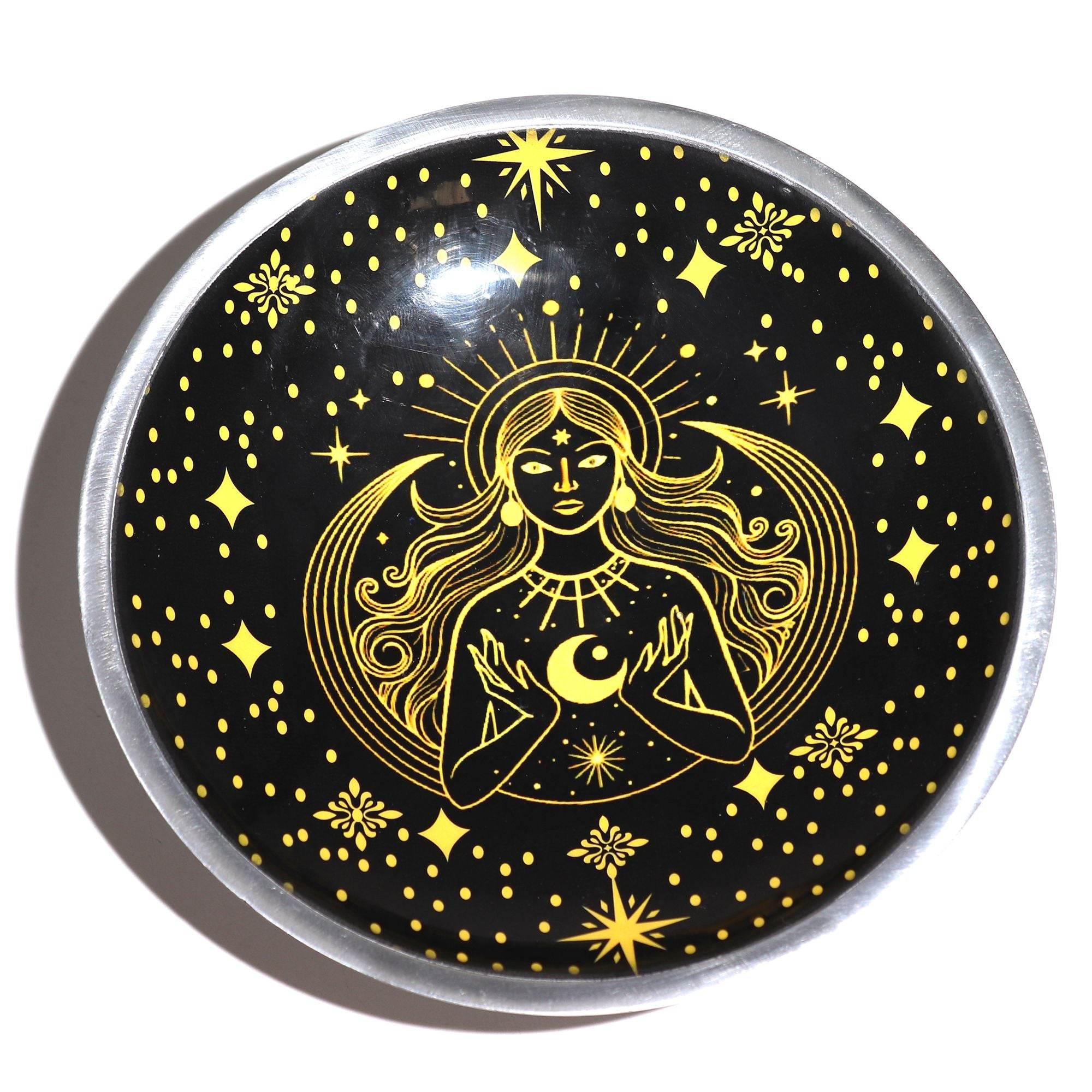 Triple Leg  Enamelled  Offering Plate - Gold Goddess on Black