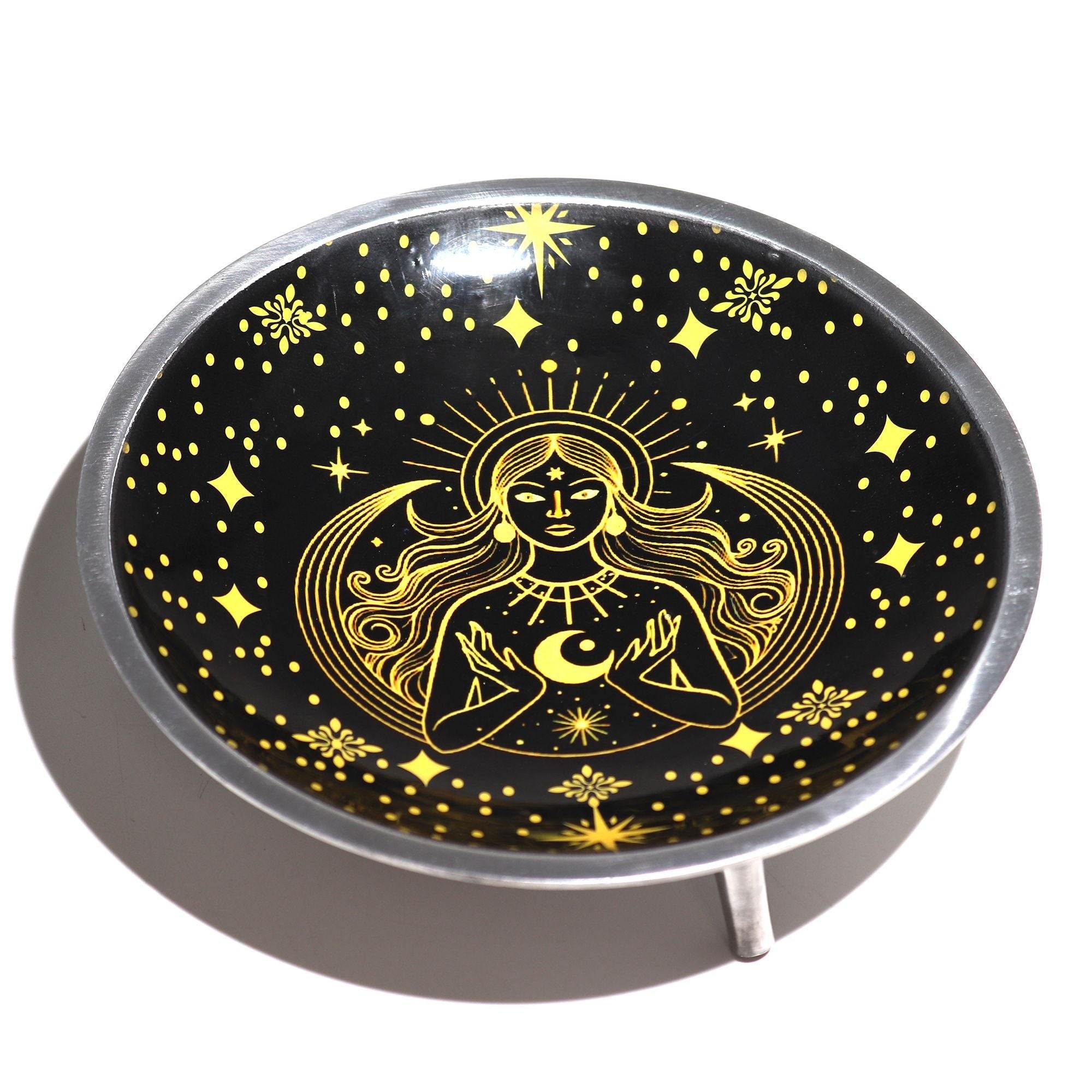 Triple Leg  Enamelled  Offering Plate - Gold Goddess on Black