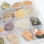Mineral Specimens - Mixed Indian Zeolites in a Display (White Apophyllite, Stilbite,Finger Quartz, Amethyst, Green Stilbite, Heulandite)
