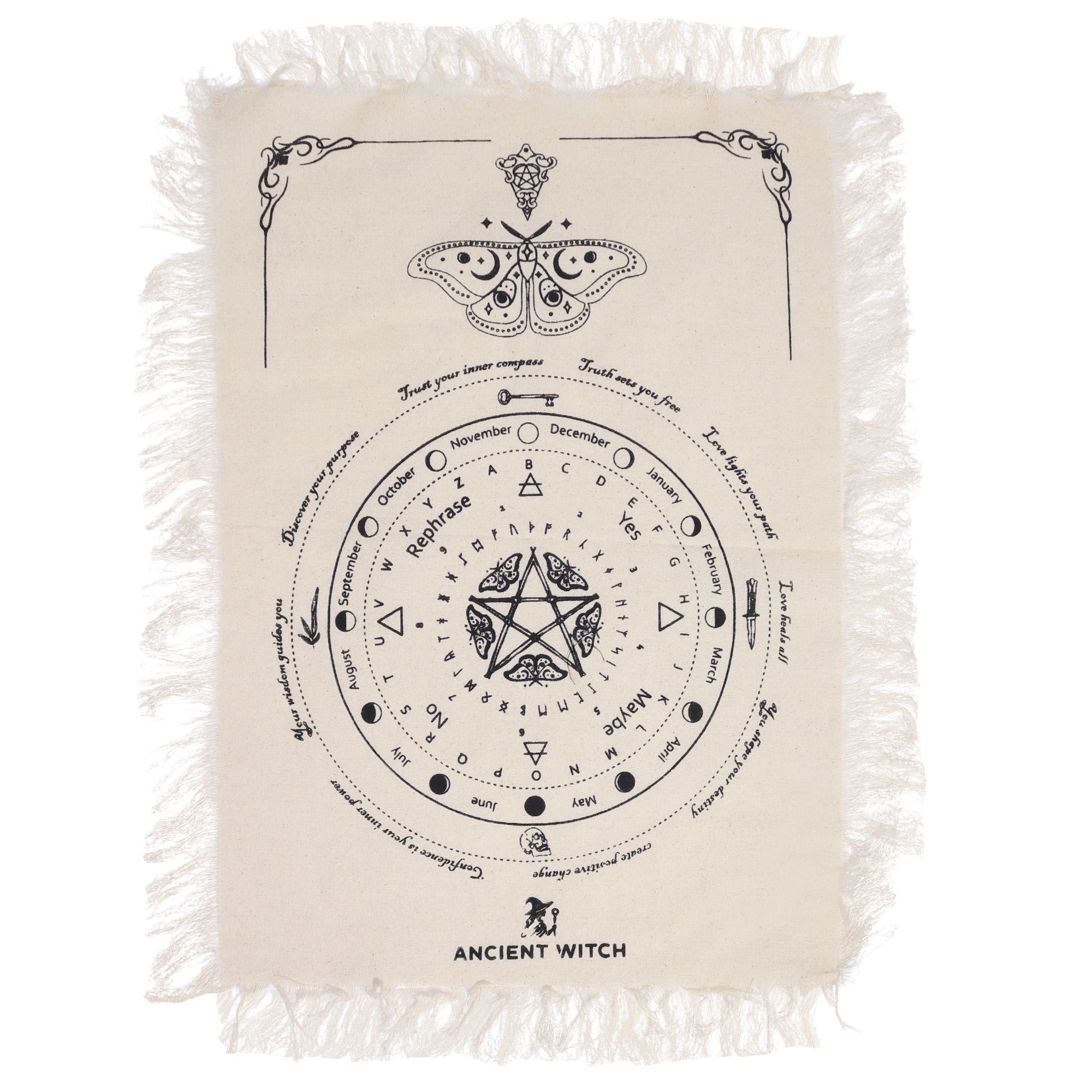 Ancient Witch Pendulum Divination Cloth - Mystic Moth - Natural & Black